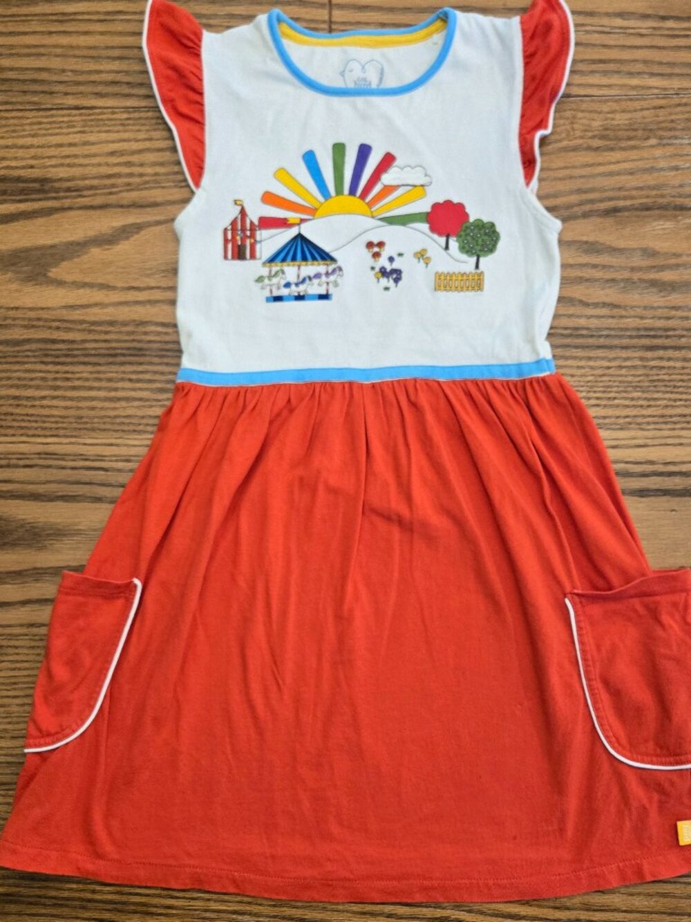 Little Bird Red Carousel Dress - size 7-8 - Raimbow Clouds Trees - Summer Dress.